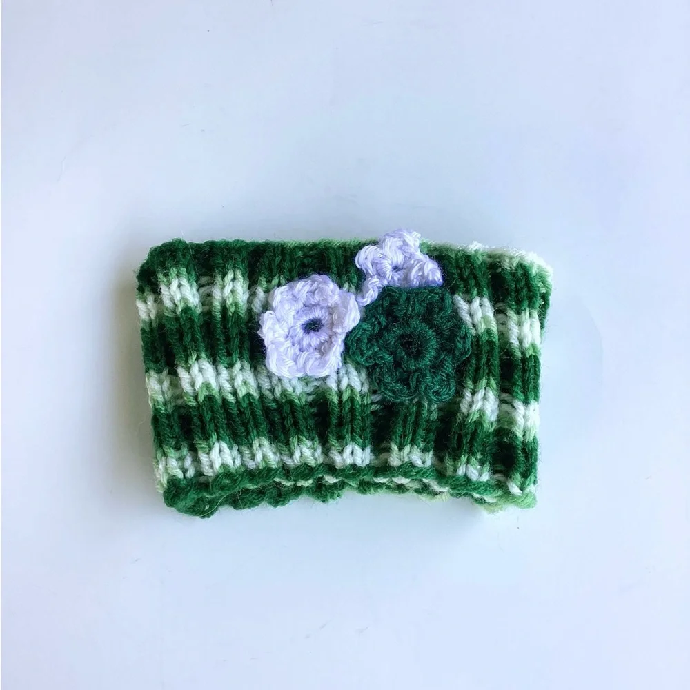 Dog Collar Cover Hand Crafted Green White Holiday Knit
